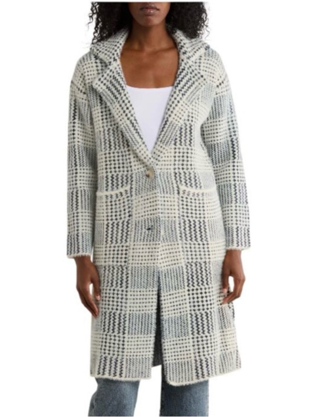 Love Token Fuzzy Knit Cardigan in Cream & Deep Navy